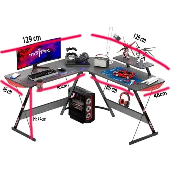 GAMEON L - Shaped Slayer I Series Gaming Desk (Size: 129*129*74cm & Table top 80*46cm) With Headset Hook, Cup Holder & Accessories Stand - BlackIT CareGaming Desk