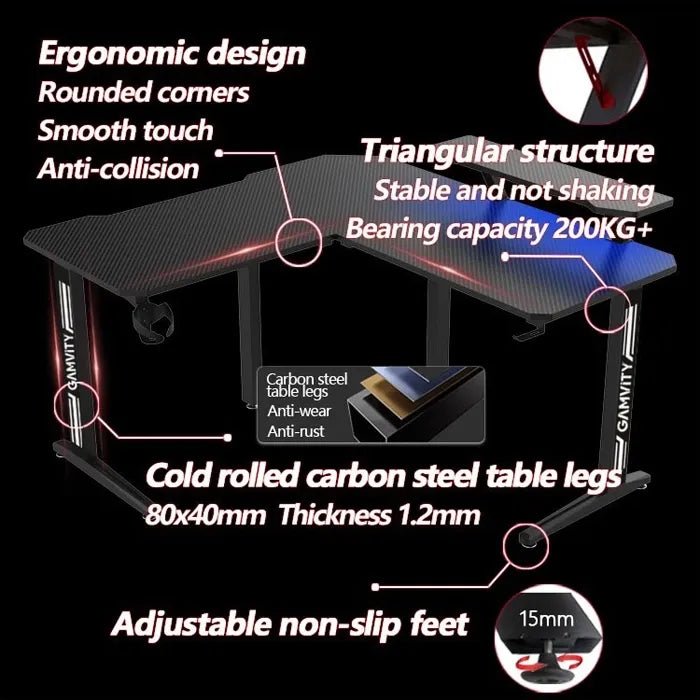 Gamvity Gaming Corner L - Shaped RGB Computer Desk – 130×60×73cm/ Carbon Fiber Surface with Shelf, Cup & Headphone Holder – BlackIT CareGaming Desk