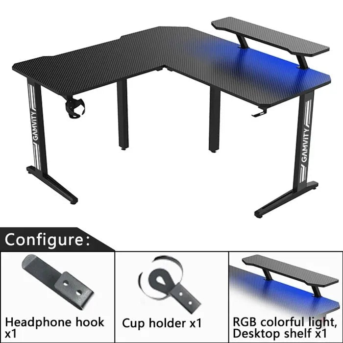 Gamvity Gaming Corner L - Shaped RGB Computer Desk – 130×60×73cm/ Carbon Fiber Surface with Shelf, Cup & Headphone Holder – BlackIT CareGaming Desk