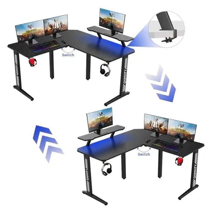 Gamvity Gaming Corner L - Shaped RGB Computer Desk – 130×60×73cm/ Carbon Fiber Surface with Shelf, Cup & Headphone Holder – BlackIT CareGaming Desk