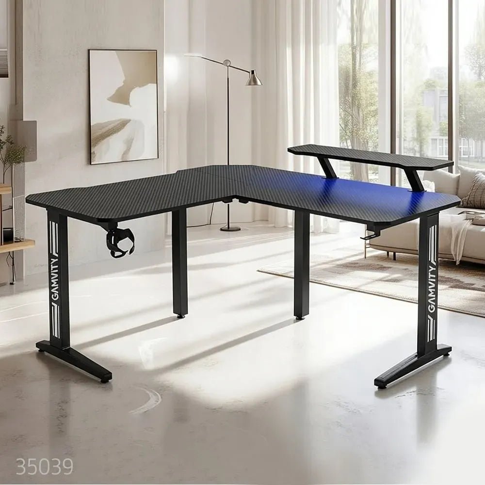 Gamvity Gaming Corner L - Shaped RGB Computer Desk – 130×60×73cm/ Carbon Fiber Surface with Shelf, Cup & Headphone Holder – BlackIT CareGaming Desk