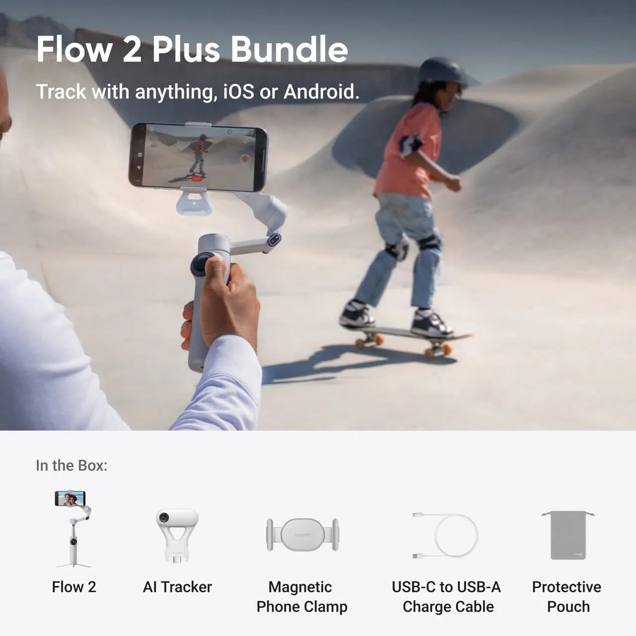 Insta360 Flow 2 Plus Bundle – Summit White/ 3 - Axis AI Smartphone Gimbal Stabilizer with AI Tracker & Built - in TripodIT CareSmartphone Gimbal Stabilizer