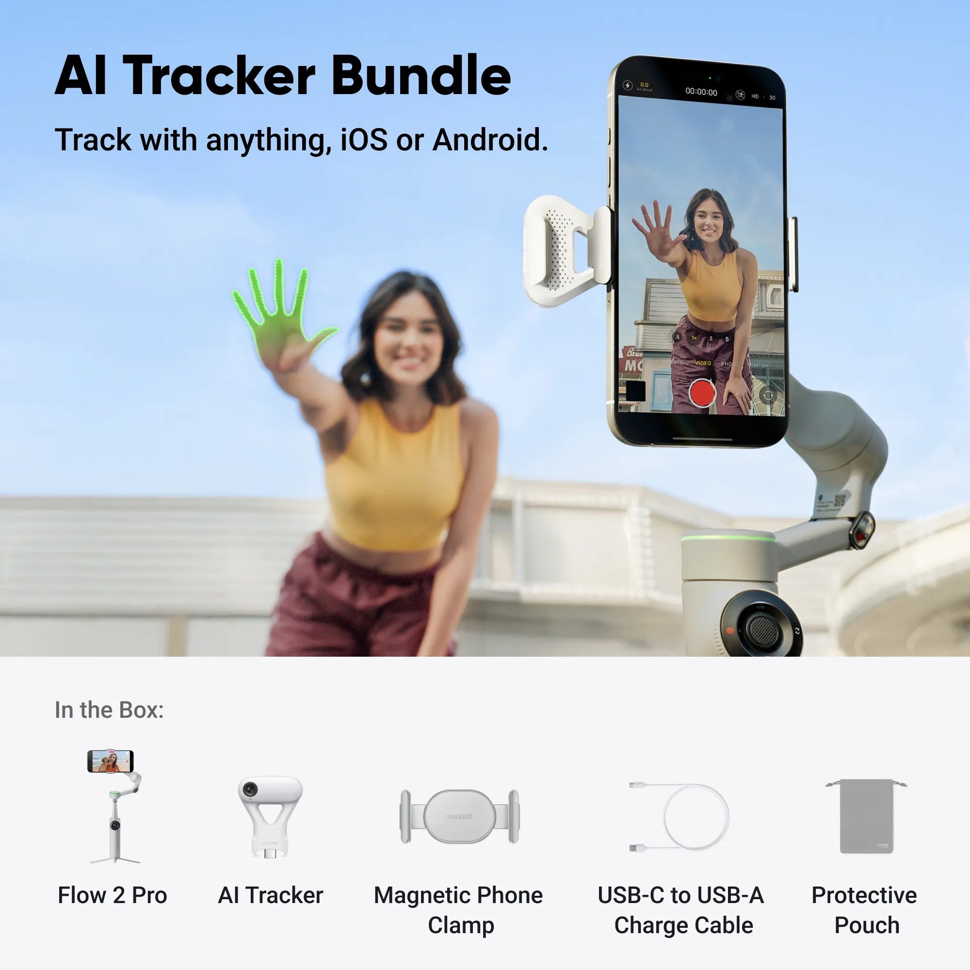 Insta360 Flow 2 Pro AI Tracker Bundle – Summit White/ 3 - Axis Smartphone Gimbal with Apple DockKit & 360° Infinite Pan TrackingIT CareSmartphone Gimbal Stabilizer