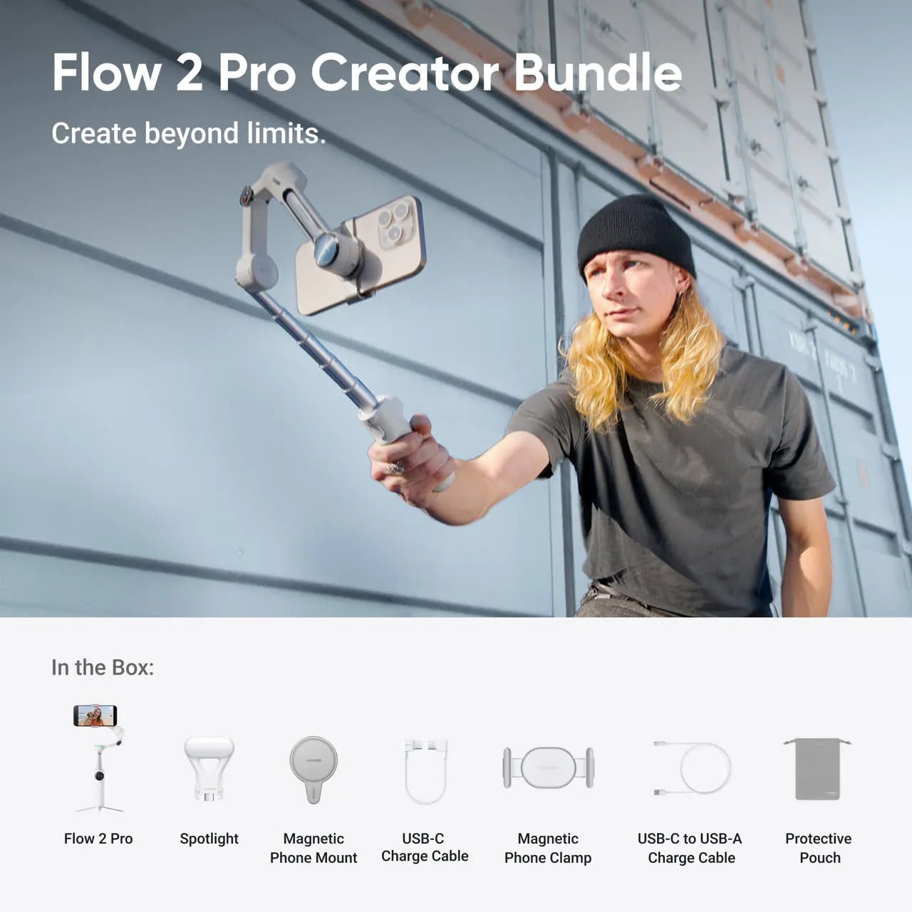 Insta360 Flow 2 Pro Creator Bundle – Summit White/ 3 - Axis Smartphone Gimbal with Apple DockKit, Spotlight & Magnetic Mount KitIT CareSmartphone Gimbal Stabilizer