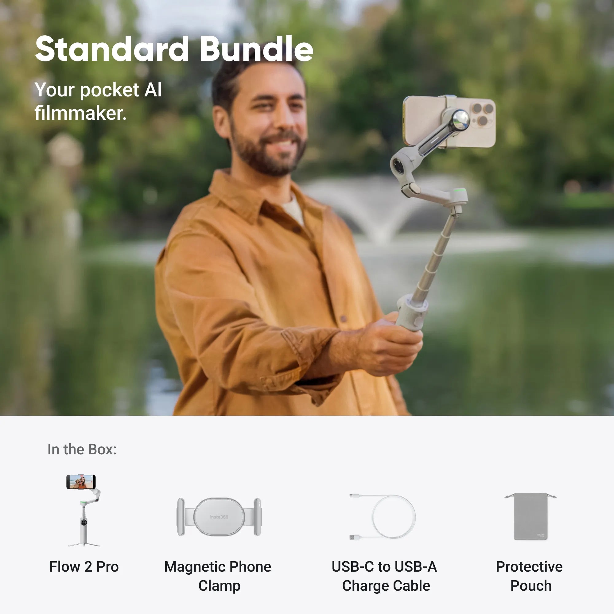 Insta360 Flow 2 Pro Standard Bundle – Summit White/ 3 - Axis Smartphone Gimbal with Apple DockKit & 360° Infinite Pan TrackingIT CareSmartphone Gimbal Stabilizer