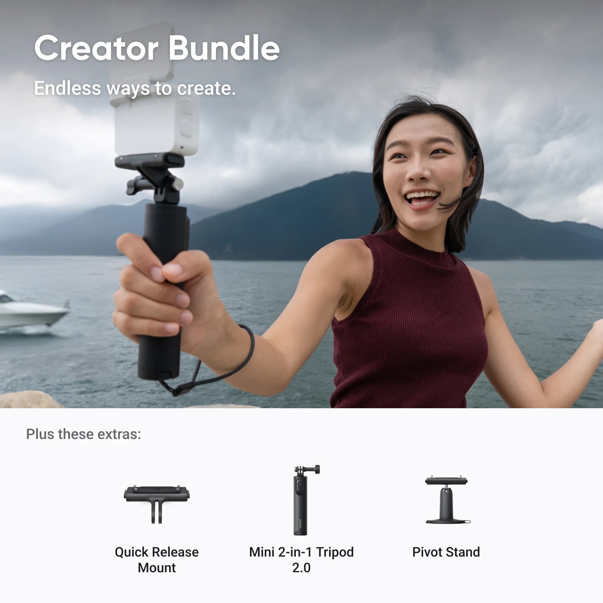 Insta360 GO Ultra Arctic White Creator Bundle – 4K60fps Magnetic Hands - Free Action Camera with Action PodIT CareMini Camera