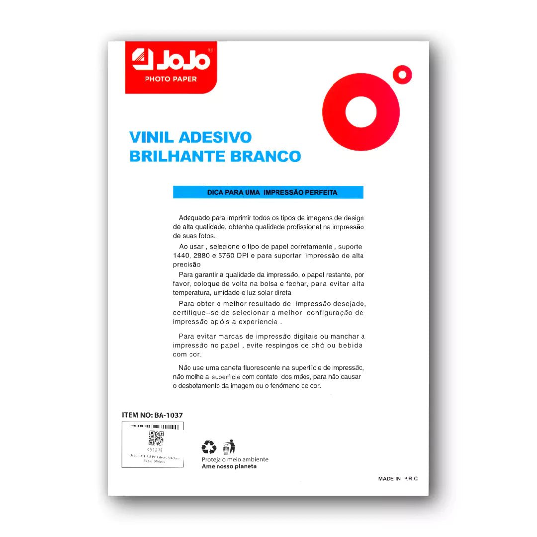 JoJo Vinyl Glossy Sticker Paper - A4 / 120GSM / 50 Sheets / Waterproof Inkjet Printing / JT - 3009IT CareA4 Sticker Paper