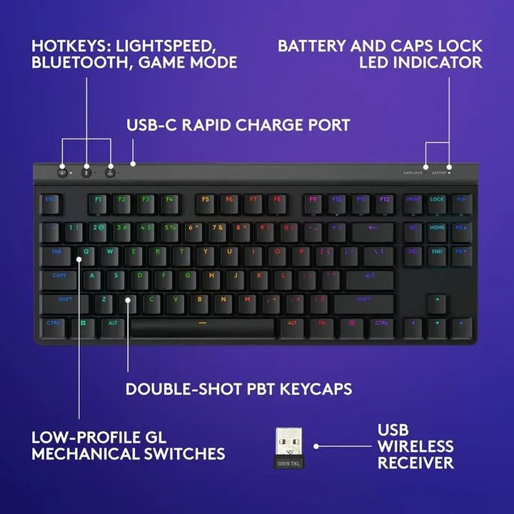 Logitech G515 LIGHTSPEED TKL Wireless Gaming Keyboard - Black - TACTILEIT CareGaming Keyboard