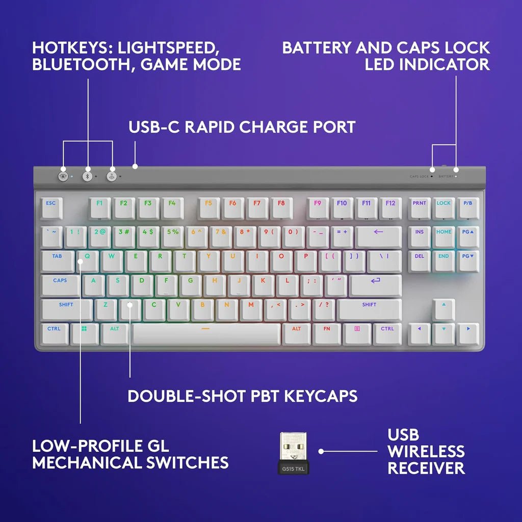 Logitech G515 LIGHTSPEED TKL Wireless Gaming Keyboard - White - TACTILEIT CareGaming Keyboard