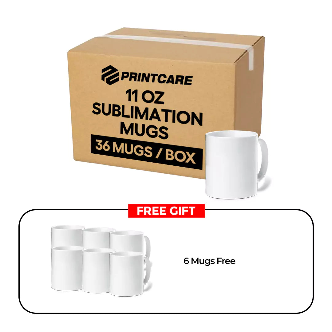 Print Care Sublimation White Mug Box – 11oz / 36 Mugs / White / 6 Free Mugs / Printing not Included