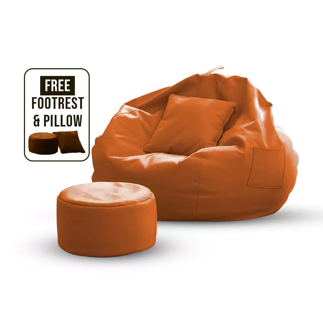 Premium Quality Faux Leather Bean Bag with Side Pocket - Orange / Free Beans Included / Free Footrest and Pillow