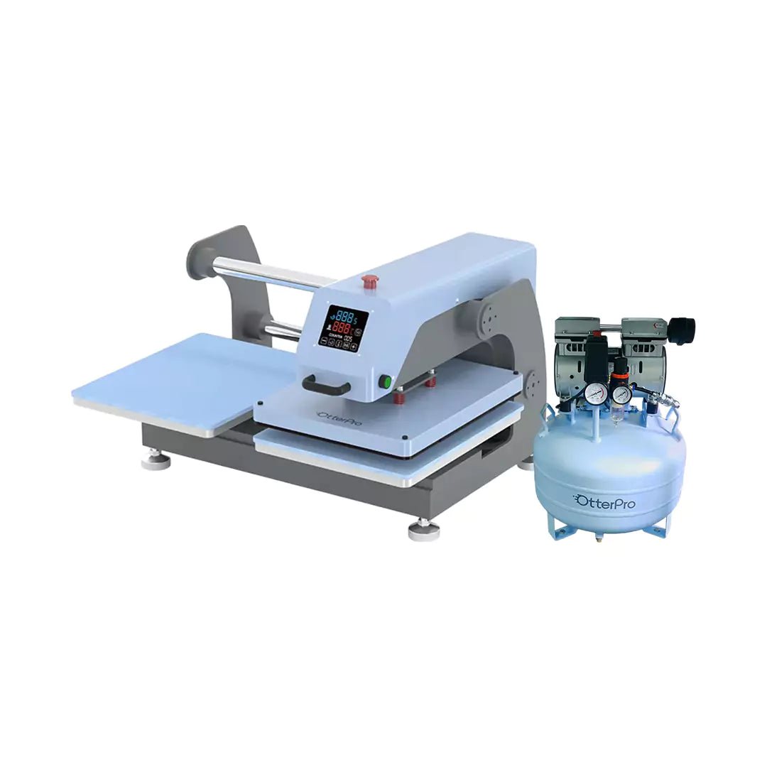OtterPro Air Press Slide Dual Station Heat Press - 40x50cm / Light Blue +OtterPro 30L Silent Air Compressor – 550W / 100L/minIT CareAuto Heat Press