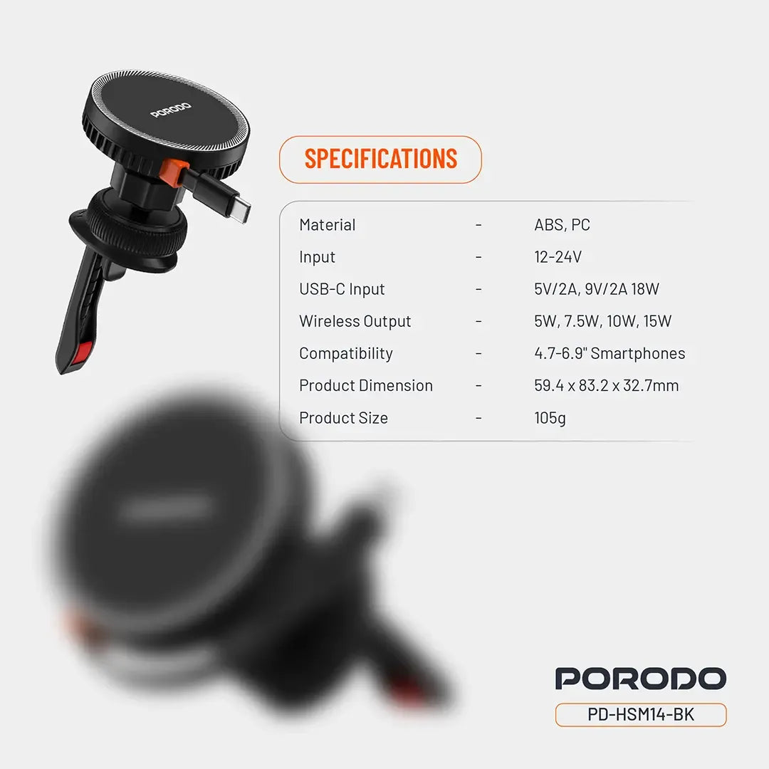 Porodo HS14 MagSafe Charger Retractable Type-C - Black | IT Care Kuwait