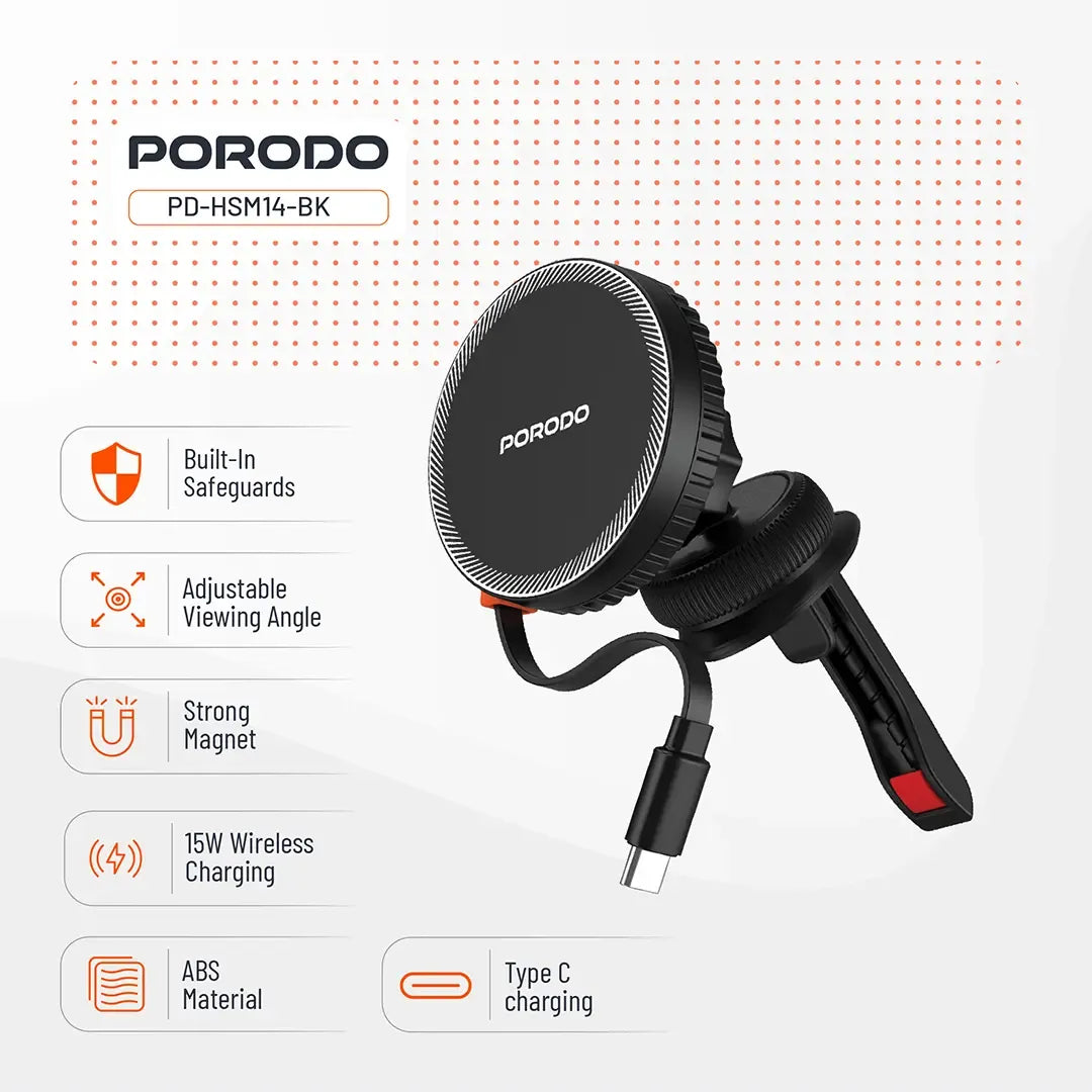 Porodo HS14 MagSafe Charger Retractable Type-C - Black | IT Care Kuwait