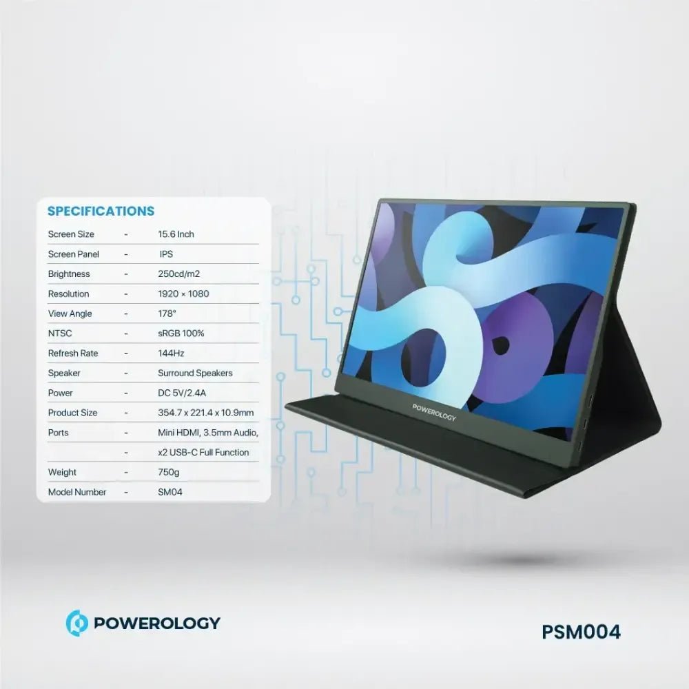Powerology 15.6" Ultra-Slim Portable Monitor Full HD IPS 144Hz USB-C HDMI | IT Care Kuwait