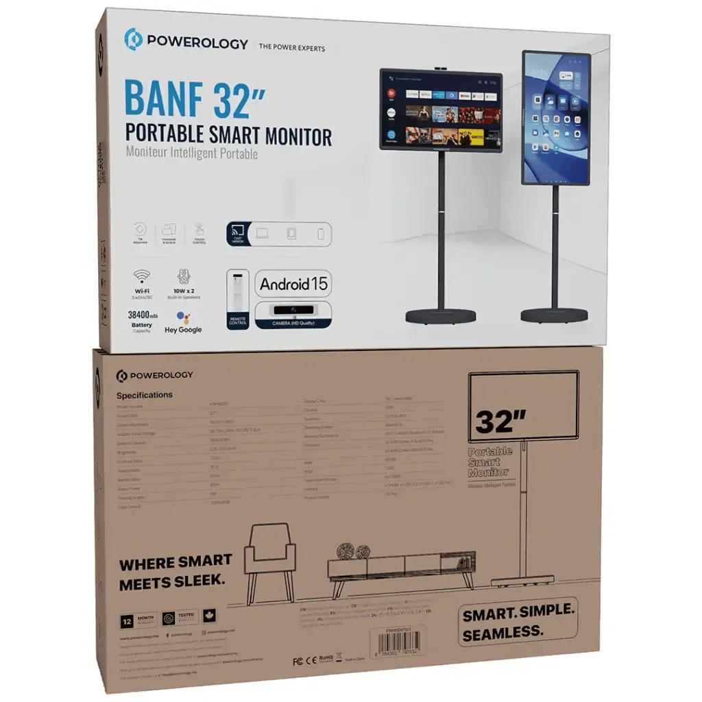 Powerology Banf 32" Portable Smart Monitor – FHD Touch Display, 38400mAh Battery, Android, 8GB+128GB (Gray)IT CareSmart Screen