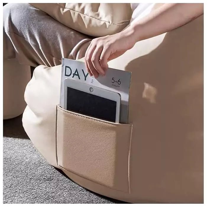 Premium Quality Faux Leather Bean Bag with Side Pocket - Biege / Free Beans Included / Free Footrest and PillowIT CareBean Bag