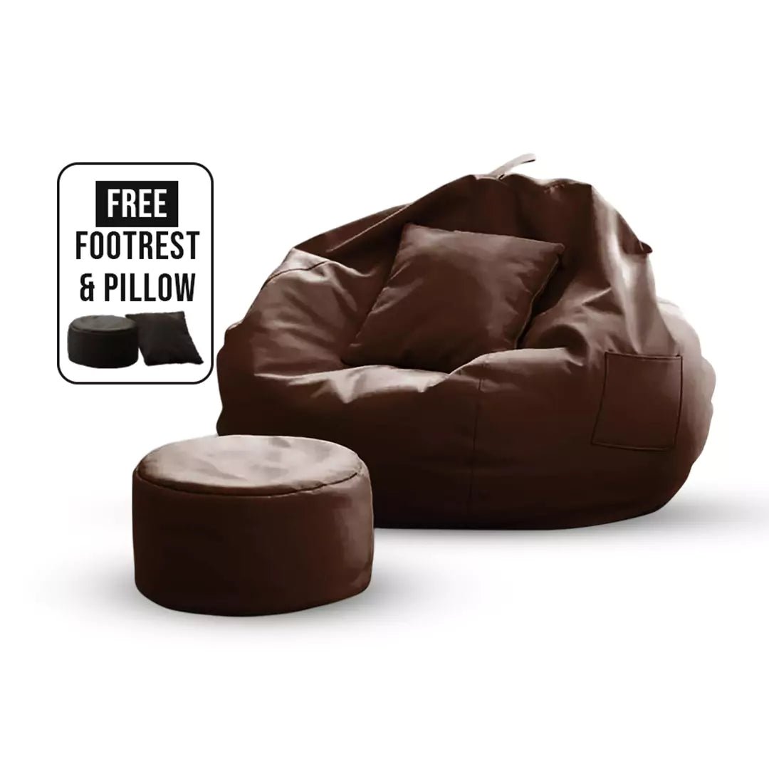 Premium Quality Faux Leather Bean Bag with Side Pocket - Brown / Free Beans Included / Free Footrest and PillowIT CareBean Bag