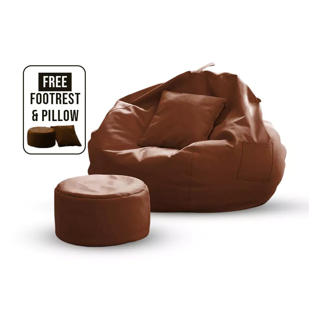 Premium Quality Faux Leather Bean Bag with Side Pocket - Light Brown / Free Beans Included / Free Footrest and PillowIT CareBean Bag