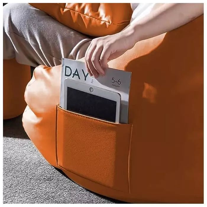 Premium Quality Faux Leather Bean Bag with Side Pocket - Orange / Free Beans Included / Free Footrest and PillowIT CareBean Bag