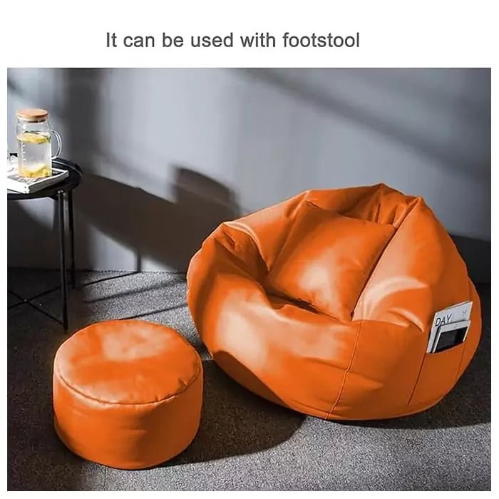 Premium Quality Faux Leather Bean Bag with Side Pocket - Orange / Free Beans Included / Free Footrest and PillowIT CareBean Bag