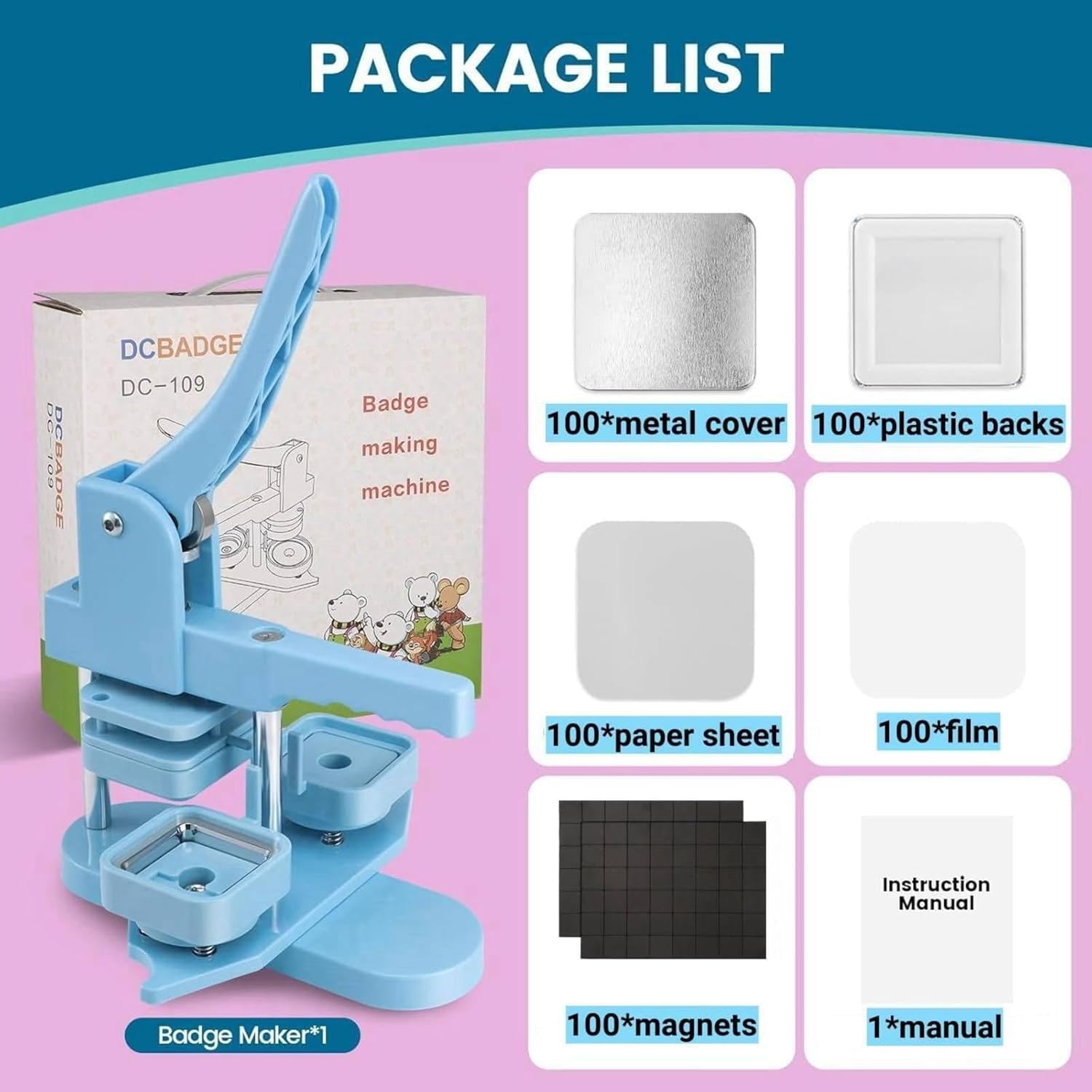 Print Care Square Magnet Button Maker Kit 50×50mm – DIY Fridge Magnet Machine with 100pcs Complete SetIT CareBadge Machine