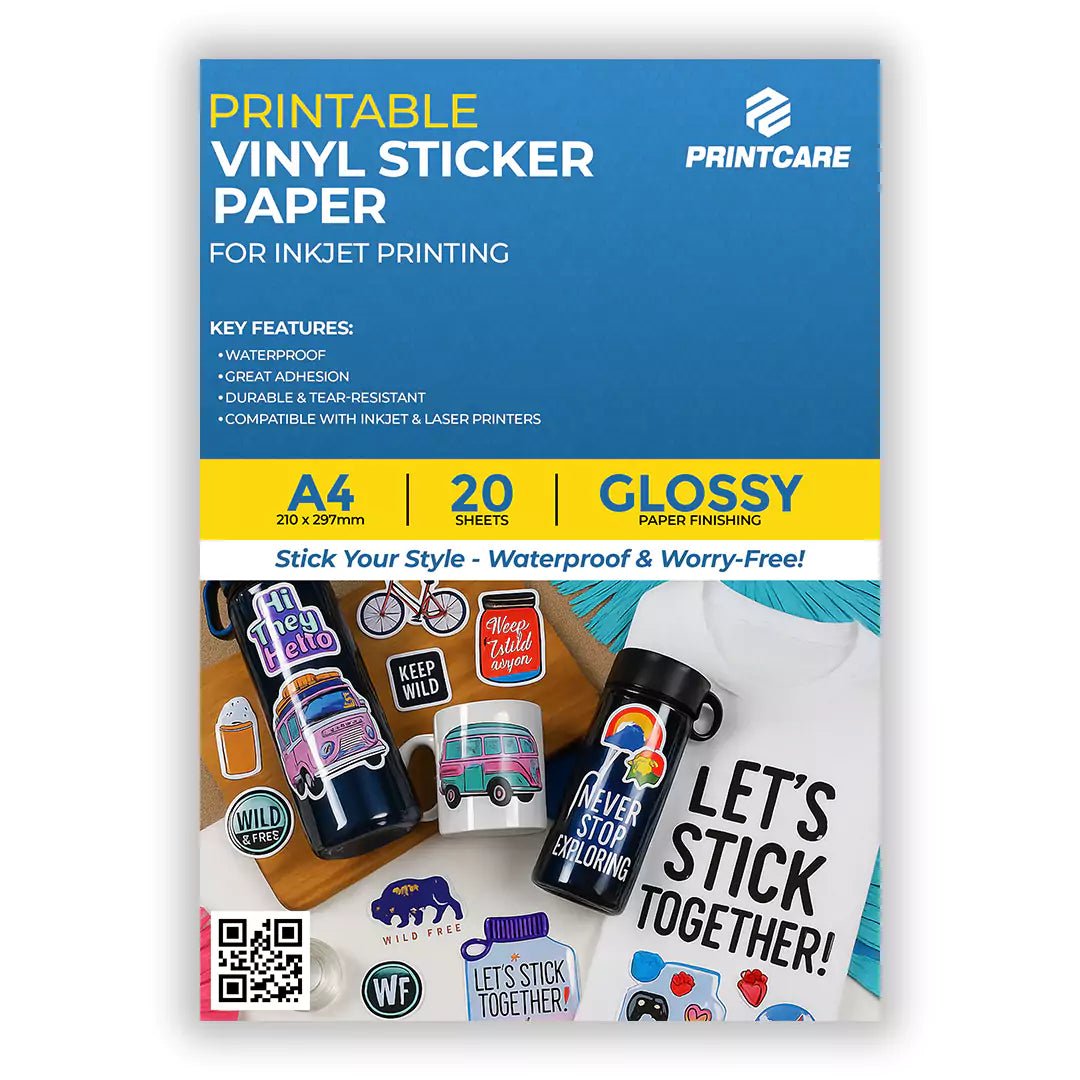 PrintCare Printable Vinyl Sticker Paper – A4/ Glossy Finish/ 20 Sheets/ WaterproofIT CareA4 Vinyl Sticker Paper