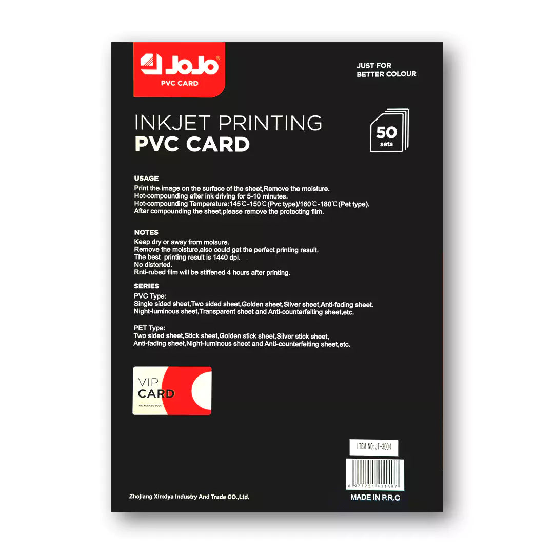 JoJo Printable PVC Cards - 50 Sheets / Waterproof Inkjet Printing / JT-3004