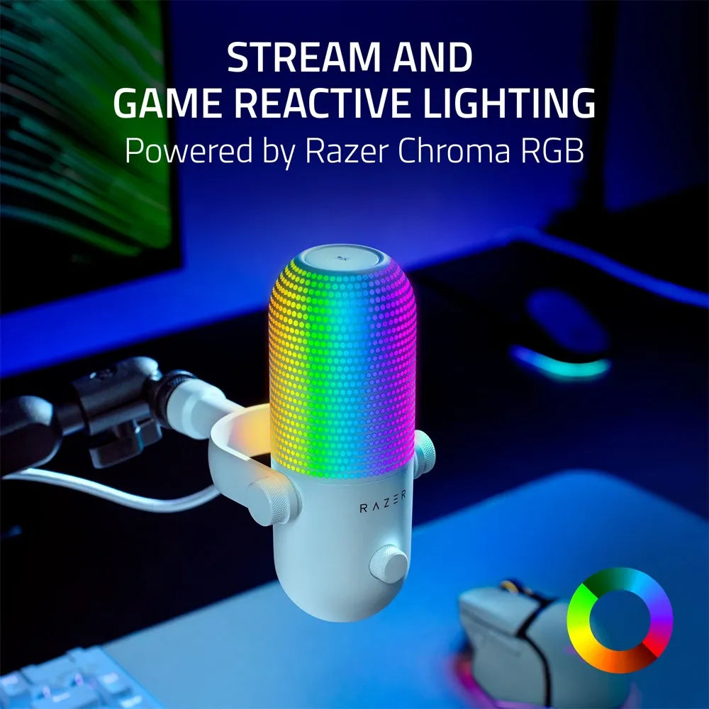 Razer Seiren V3 Chroma RGB USB Streaming Microphone with Tap-to-Mute Sensor – Supercardioid Condenser Mic (White)