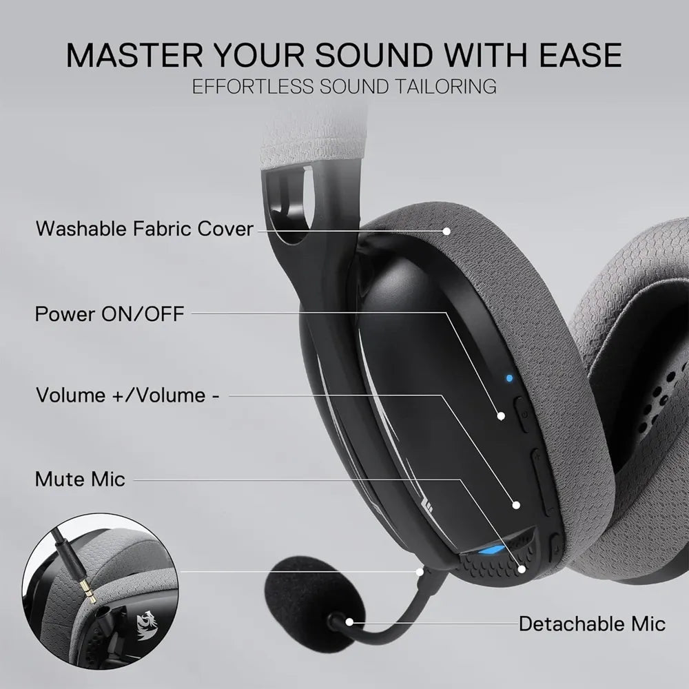 Redragon H878 Tri - Mode Wireless Gaming Headset – 7.1 Surround Sound, RGB Lighting, Noise - Canceling Mic (Black & Gray)IT CareGaming Headset