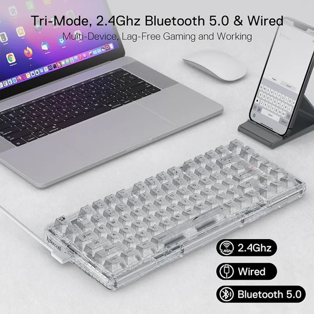 Redragon K649 ELF PRO 78% RGB Mechanical Gaming Keyboard – Tri - Mode Wireless, Gasket Mount, Transparent Design (English)IT CareGaming Keyboard