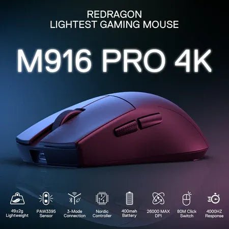 Redragon M916 Pro 4K Wireless Gaming Mouse – 3 - Mode Connectivity / 4000Hz Polling Rate / Ultra - Light 49g (Black)IT CareGaming Mouse