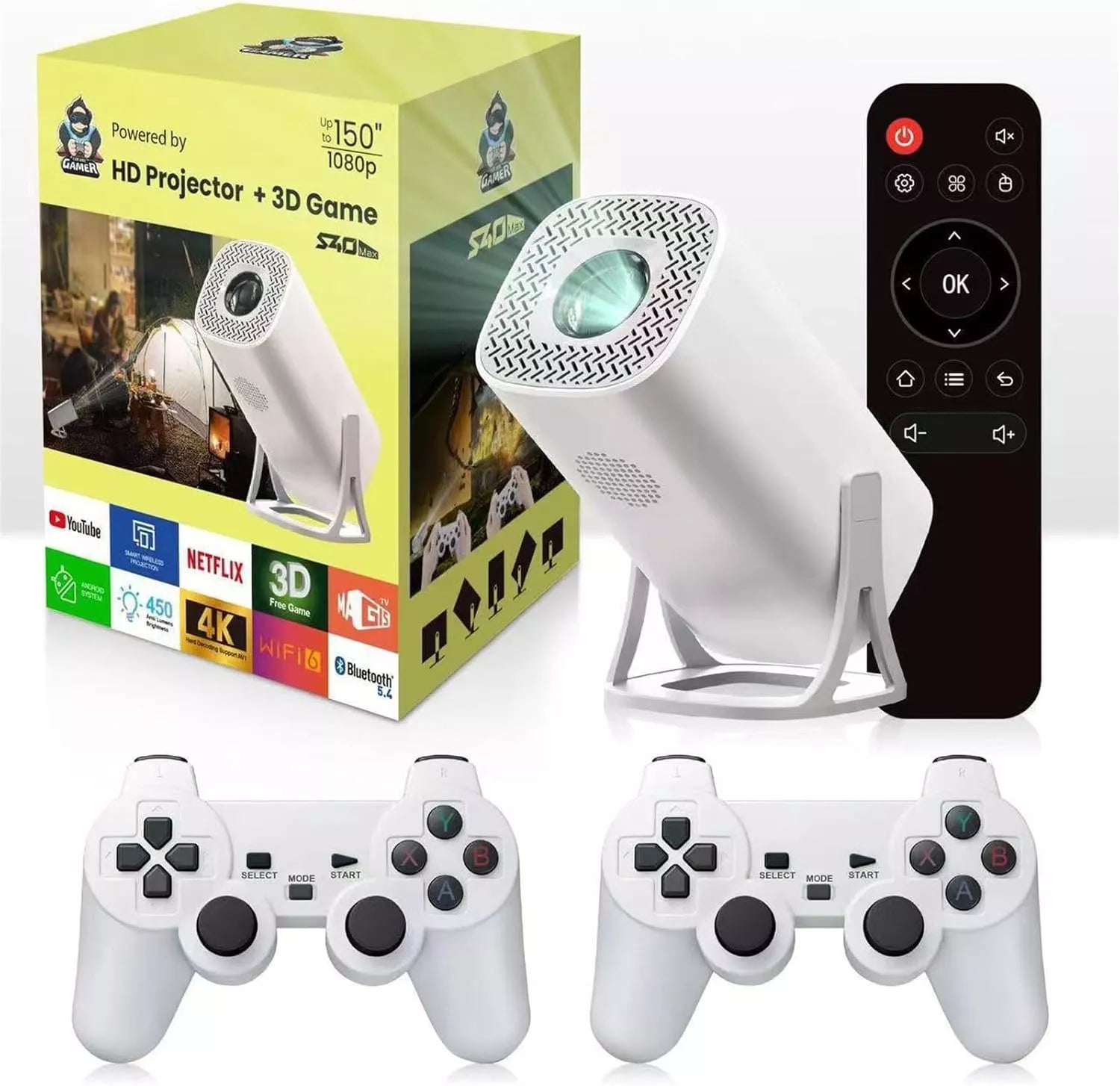 S40 Max 4K Game Projector with 35,000+ Built-In Games & Dual Wireless Controllers – Smart Android 11 Home Entertainment & Gaming Projector