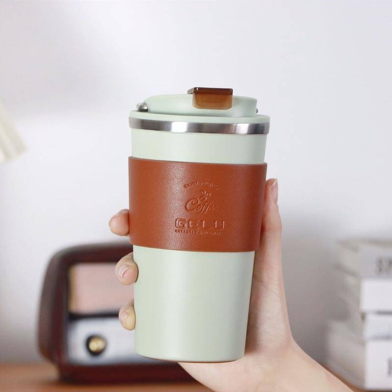 GELU Ceramic Coffee Cup – 350ml / Light Green / 304 Stainless Steel Thermos Cup in High-End Exquisite Leather