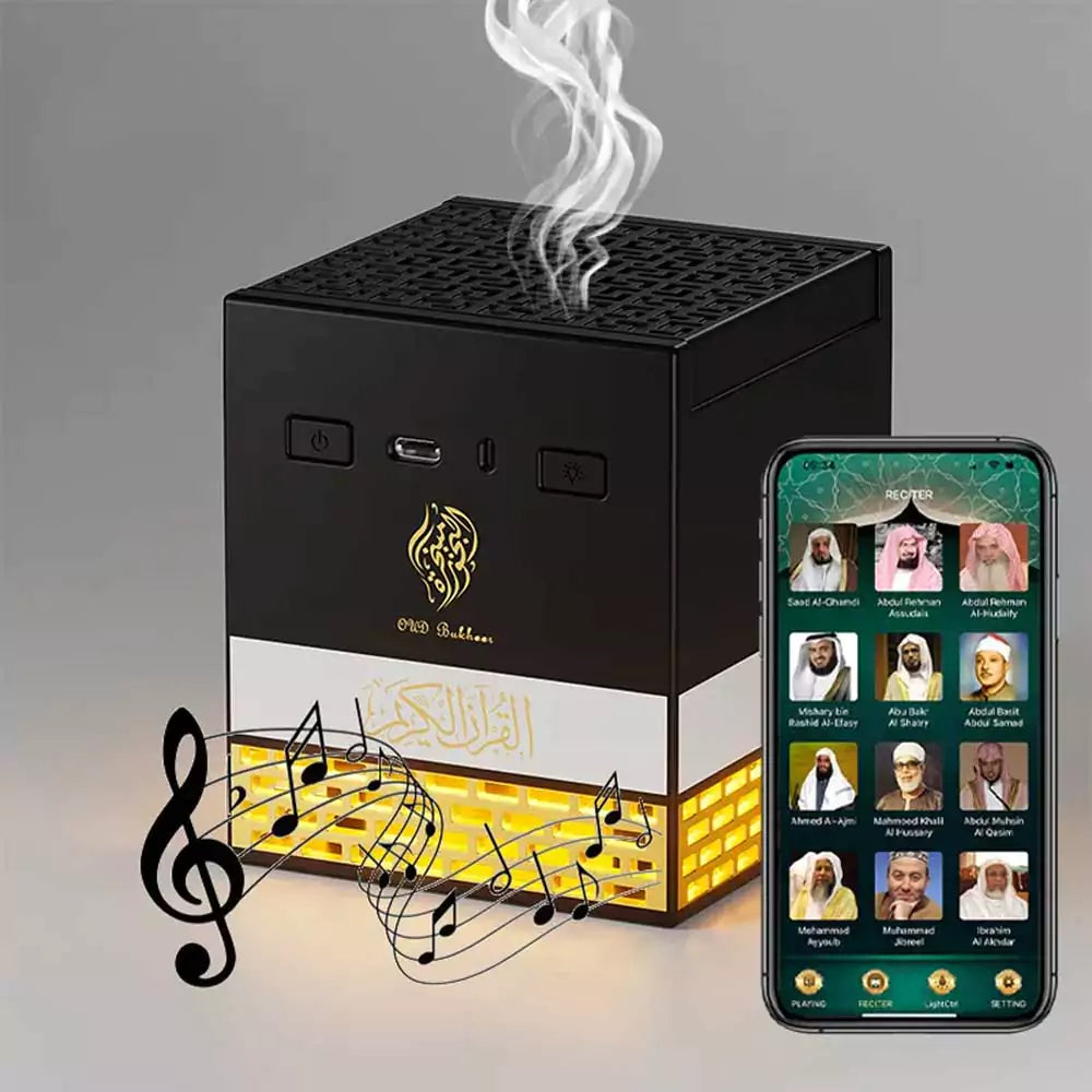 Rechargeable Multi-LED Light Bakhoor Oud Burner with Full Quran Bluetooth Speaker – Remote & App Control