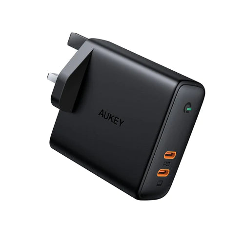 شاحن توصيل الطاقة Aukey 63W USB-C مع خاصية الكشف الديناميكي – أسود