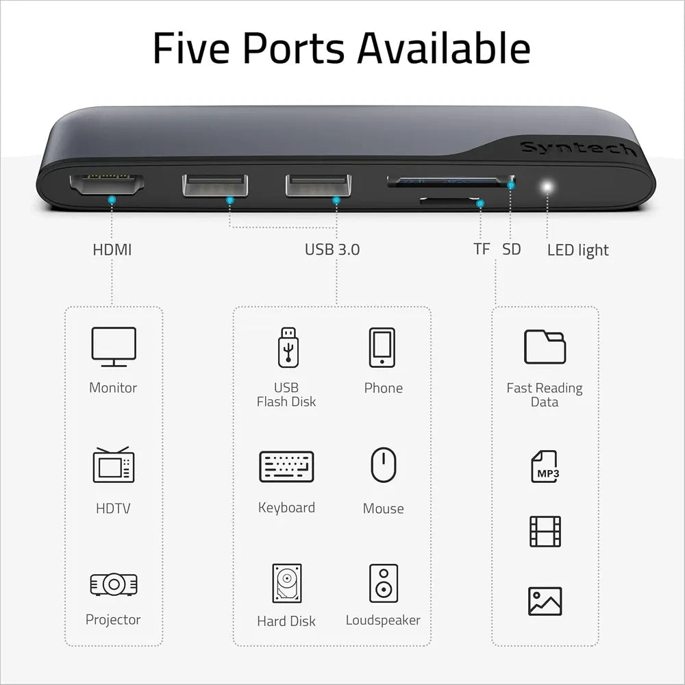 Syntech 5 - in - 1 USB - C Hub Multiport Adapter – USB - C to HDMI 4K, Dual USB 3.0 & SD/MicroSD Card ReaderIT CareCables & Converters