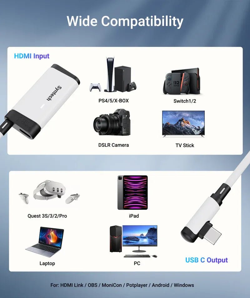 Syntech HDMI (Female) to USB - C Video Capture Card with 100W PD Fast Charging – 2K@30Hz / 1080p@60Hz (VR & Multi - Device Compatible)IT CareCables & Converters