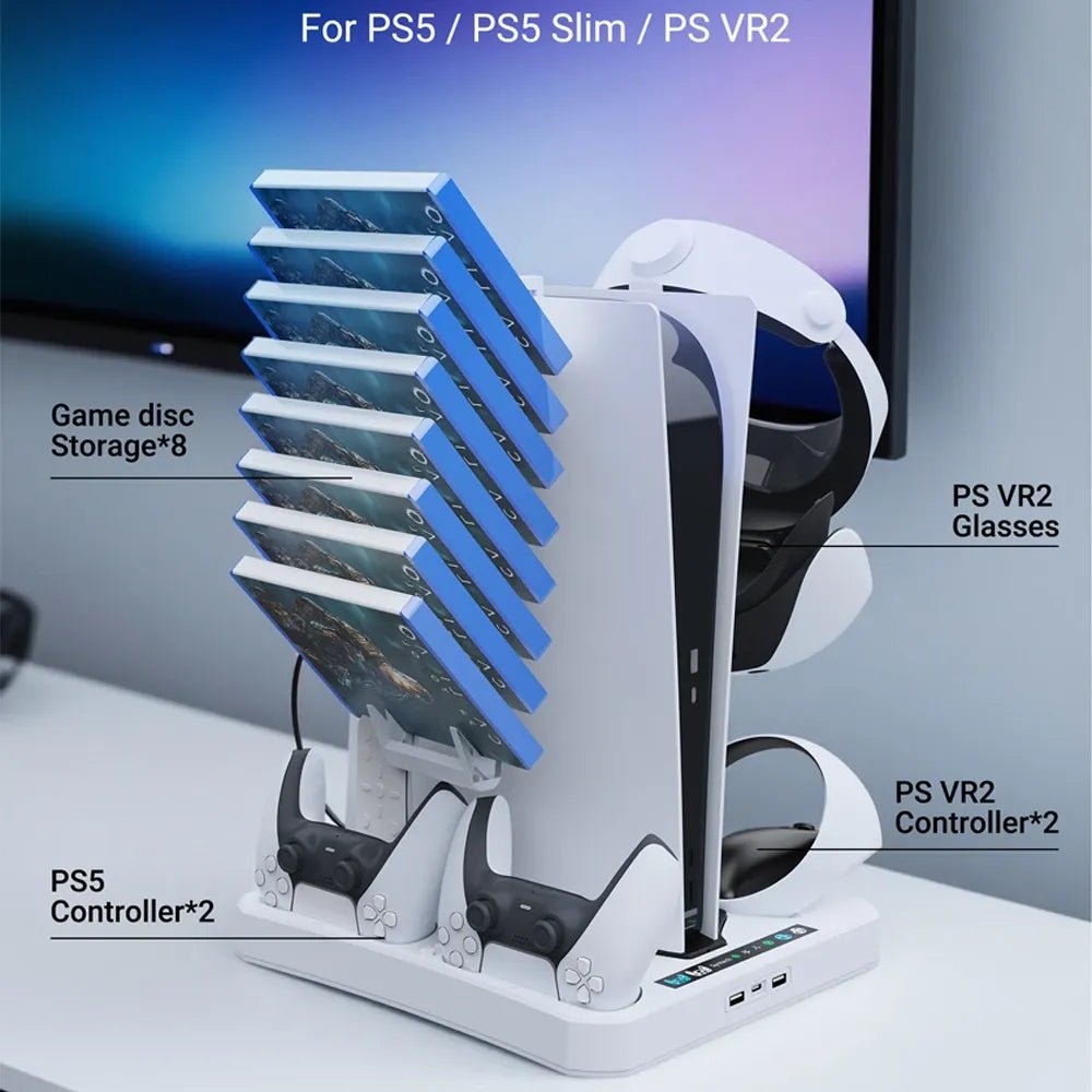 Syntech Multi - Function Cooling Docking Station for PS5 / PS5 Slim / PS VR2 – Dual Controller Charger, Disc & Headset Storage with Active CoolingIT CareCooling Docking Station